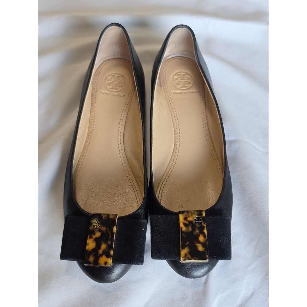 Tory Burch Black Leather Ballet Flats Suede Bow Tortoise Accent Women's 7.5M